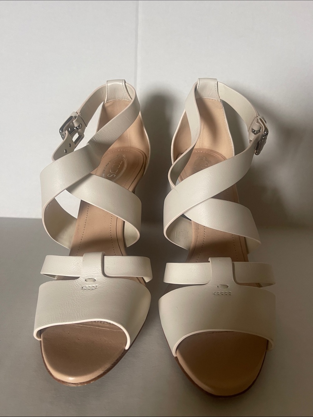 Tod's White Leather Crisscross Wedge Sandals